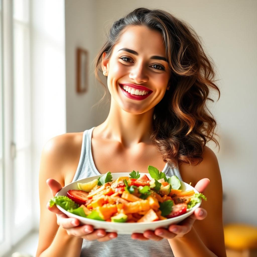 Mulher feliz comendo prato saudável